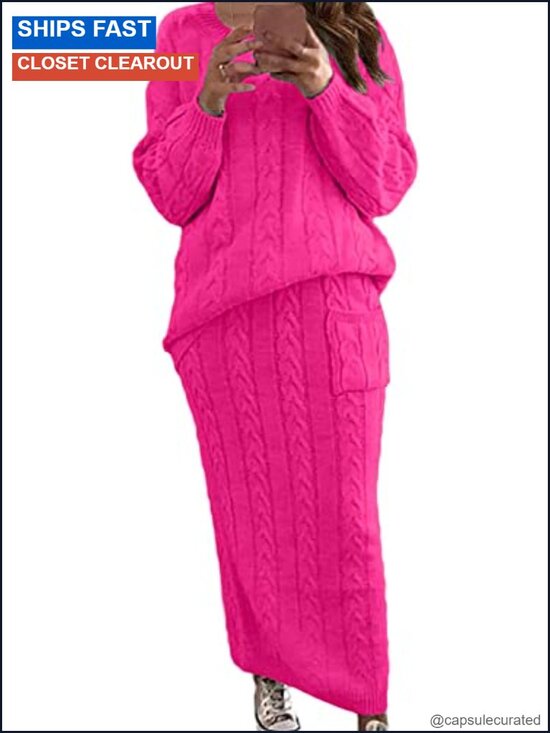 Sweaters - Chunky Cable Knit Sweater Skirt Set 2 Piece Oversized Midi Outfit
